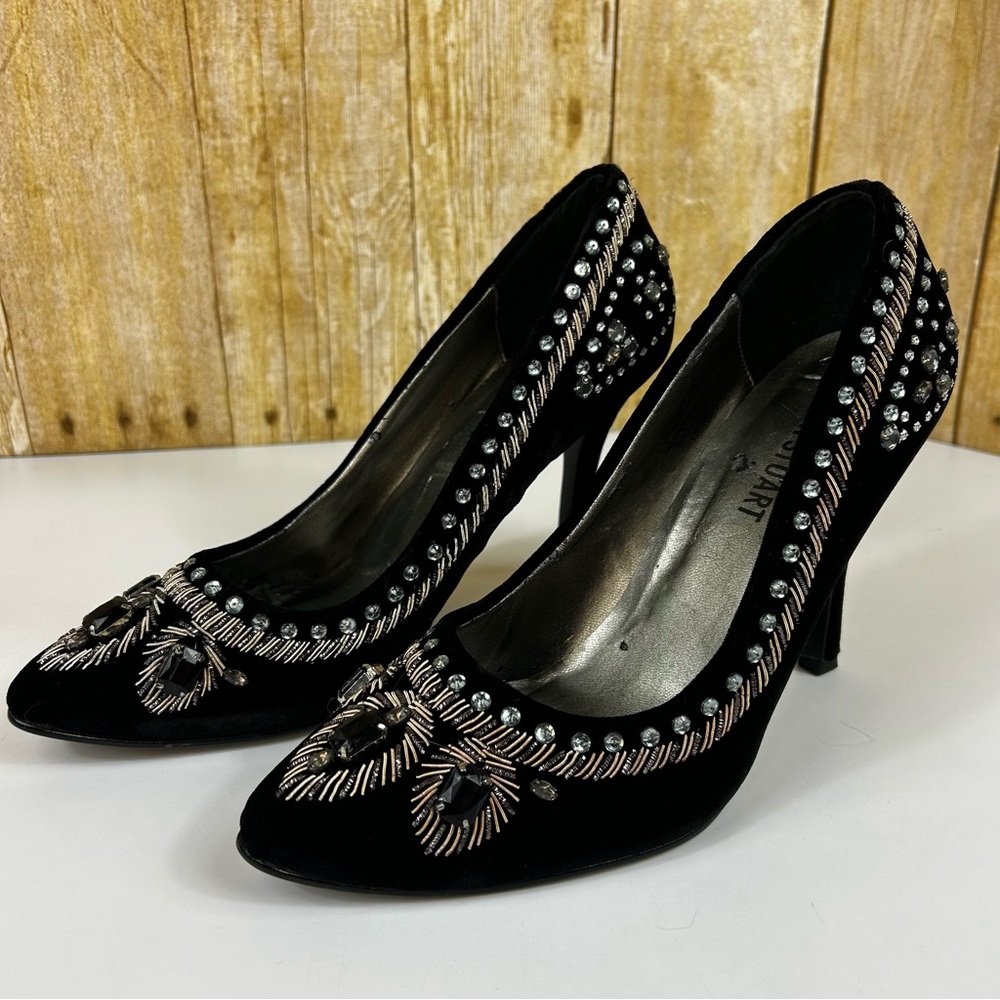 Colin Stuart Womens 8 1/2 M Black Velvet Beaded Rhinestone High Heels Embellish